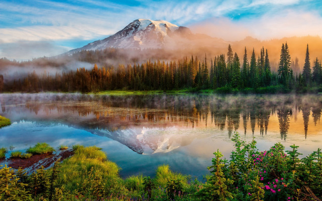 Mountain lake trees foggy sky free wallpaper - medium preview image