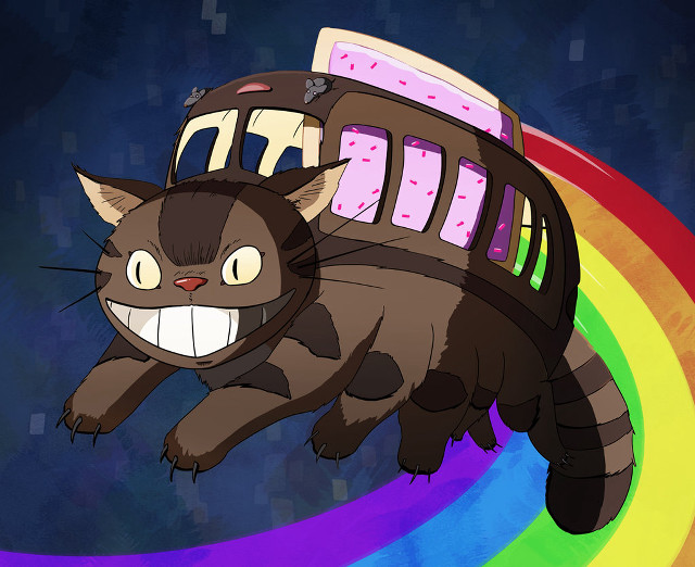 Cat flying rainbow bus foreground free wallpaper - medium preview image