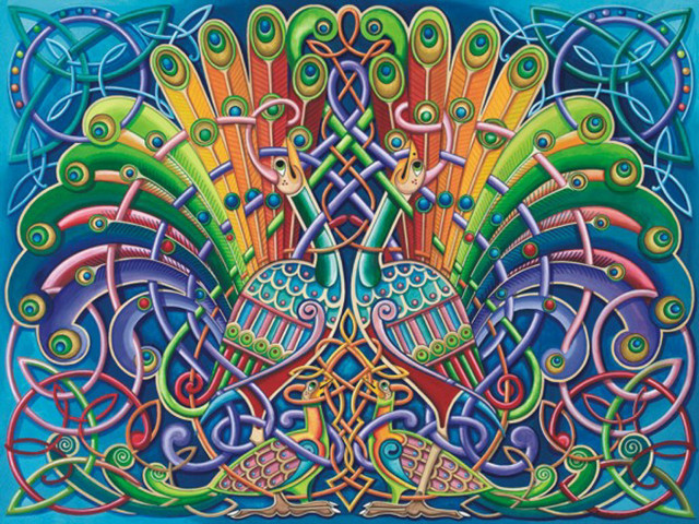 Peacock celtic design blue background free wallpaper - medium preview image