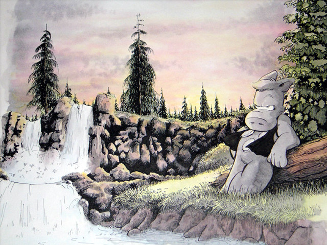 Bear sitting log waterfall trees free wallpaper - medium preview image