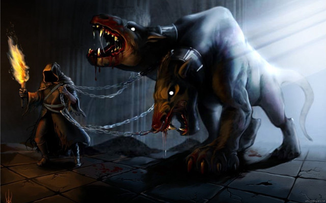 Demonic dog fire breathing chained free wallpaper - medium preview image