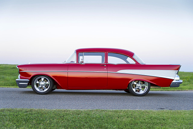 Red white car parked road free wallpaper - medium preview image