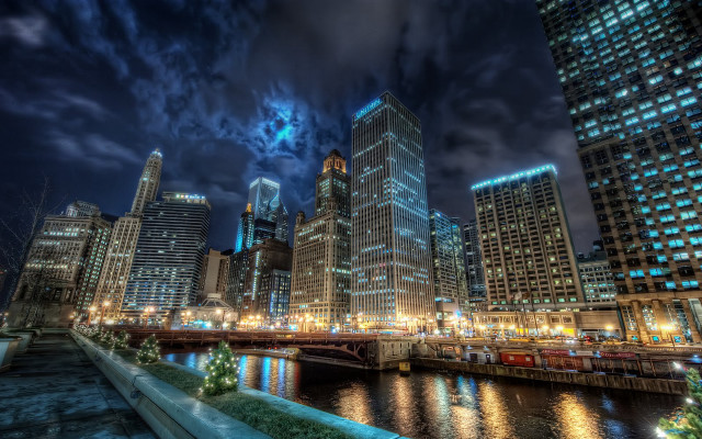 City skyline river bridge nighttime free wallpaper for desktop - medium preview image