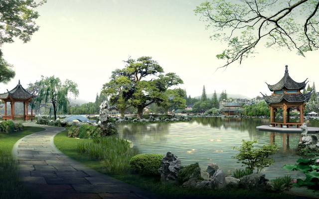 Park pond pavilions path leads #2 free wallpaper - medium preview image