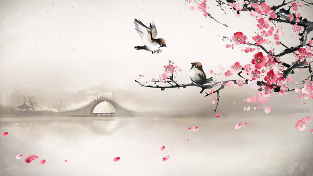 Birds branch pink flowers bridge free wallpaper - medium preview image
