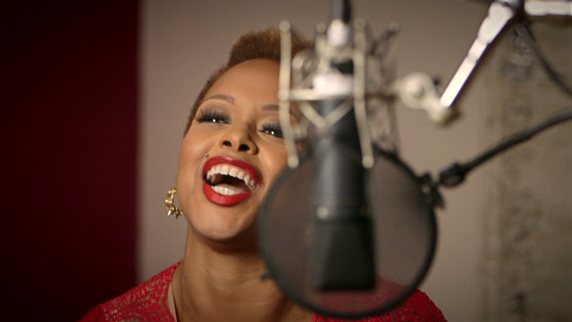 Woman microphone smiling background performance free wallpaper - medium preview image