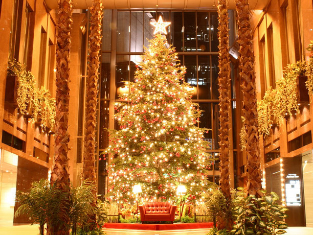 Christmas tree lobby star red free wallpaper - medium preview image