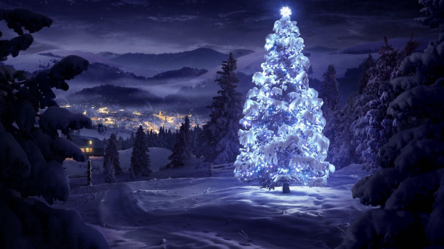 Lit christmas tree snowy night free wallpaper - medium preview image