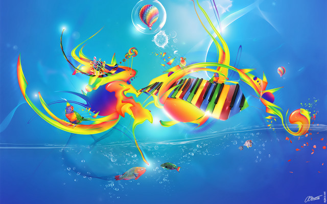 Colorful piano fish bubbles blue free wallpaper - medium preview image