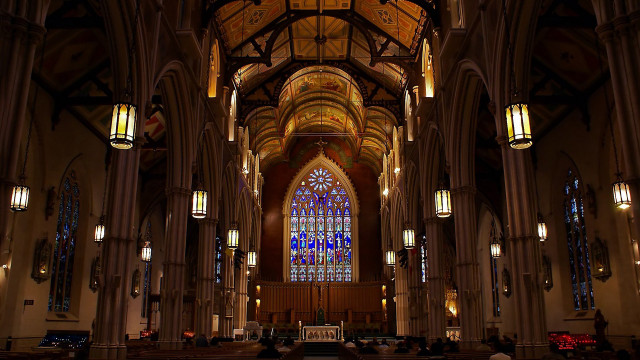 Cathedral stained glass pew people free wallpaper - medium preview image