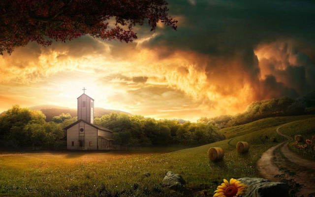 Church field sunset tree foreground free wallpaper - medium preview image