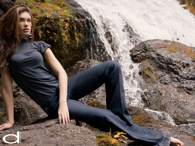 Woman sitting rock waterfall cigarette free wallpaper - medium preview image