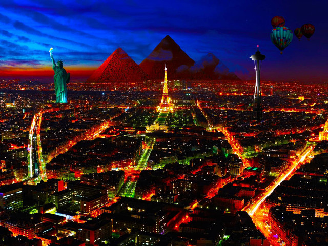 City night statue liberty pyramid free wallpaper for desktop - medium preview image