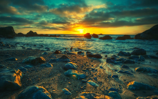 Sunset ocean rocks water cloudy #6 free wallpaper - medium preview image