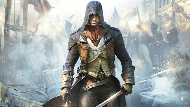 Hooded man sword city smoke free wallpaper - medium preview image