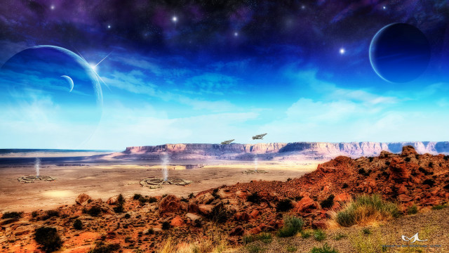 Desert mountain sky planets plane free wallpaper - medium preview image