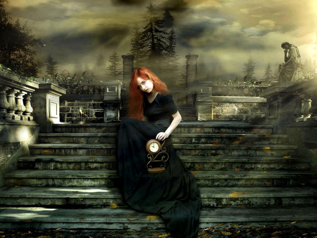 Woman stairs clock creepy background free wallpaper - medium preview image