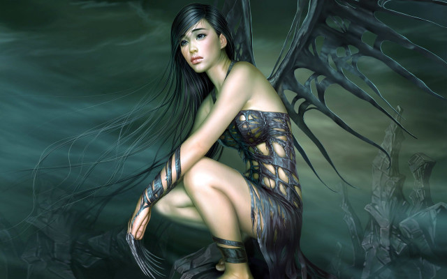 Woman dragon body wings kneeling free wallpaper - medium preview image