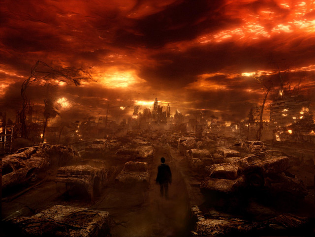 Man walking city red sky free wallpaper - medium preview image