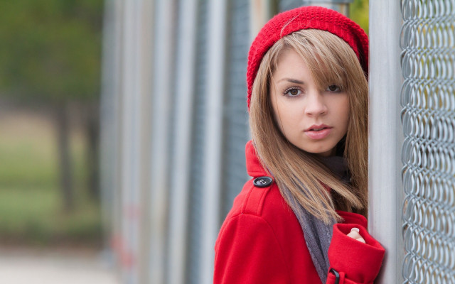 Woman red coat fence red free wallpaper - medium preview image