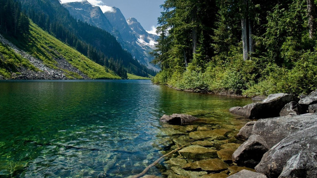 Mountain lake trees rocks background #3 free wallpaper - medium preview image