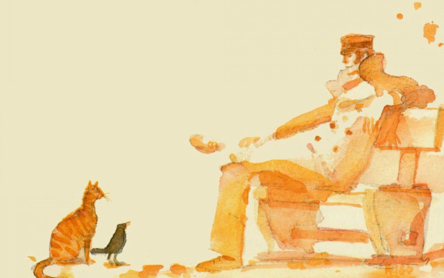 Man chair cat bird white free wallpaper - medium preview image