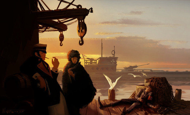 Man woman dock boat seagulls free wallpaper - medium preview image
