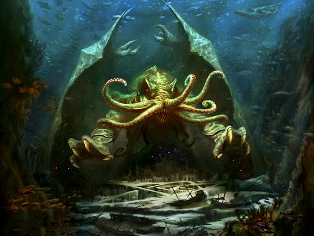 Octopus swimming gigantic fish cave free wallpaper - medium preview image