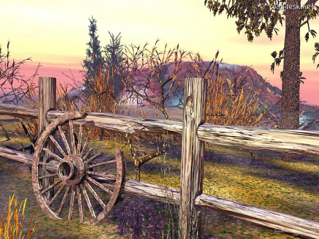 Wooden fence wheel tree sunset free wallpaper - medium preview image
