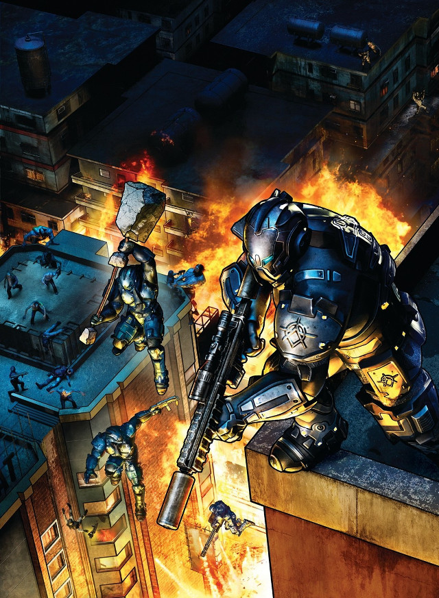 Robot gun fire cityscape mecha free wallpaper - medium preview image