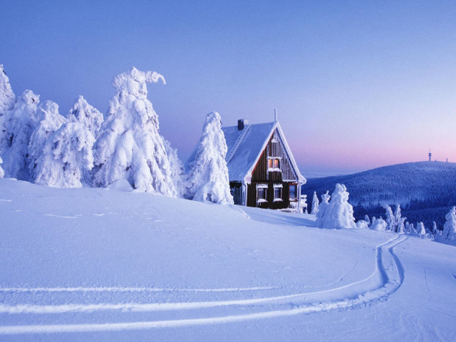 Snowy house mountains trees blue free wallpaper - medium preview image