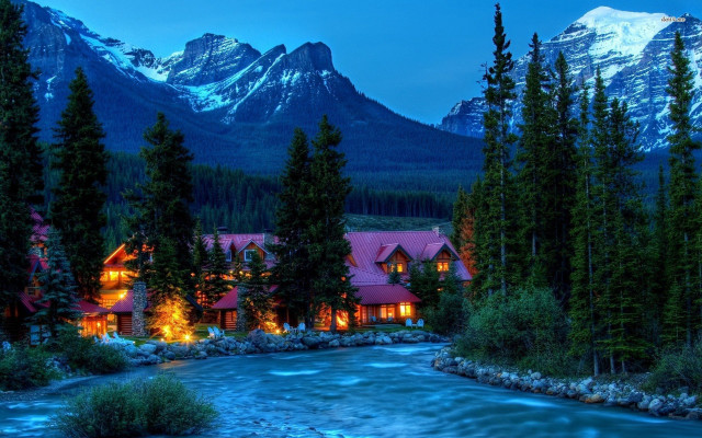 Mountain resort river nighttime lights free wallpaper - medium preview image