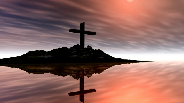 Cross reflection lake sunset mountain free wallpaper - medium preview image