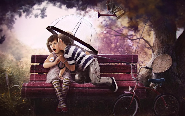 Couple bench umbrella bicycle sitting free wallpaper - medium preview image