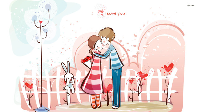 Couple hugging fence rabbit flower free wallpaper - medium preview image