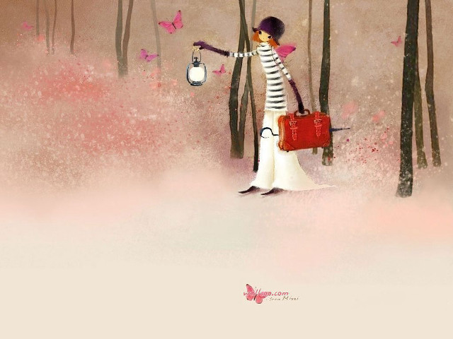 Woman red purse lantern forest free wallpaper - medium preview image
