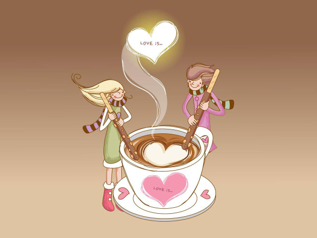 Two women stirring coffee heart free wallpaper - medium preview image