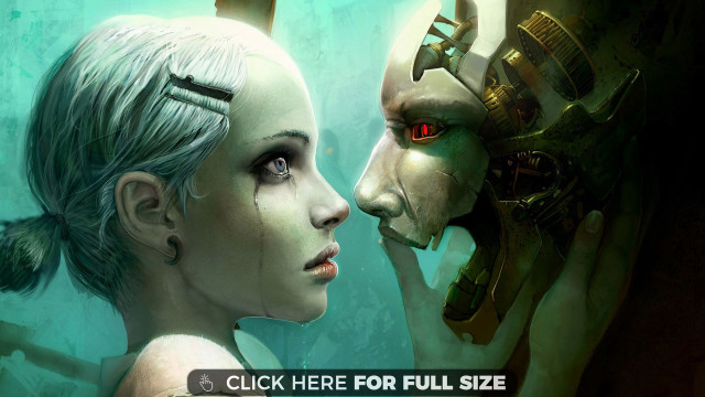 Woman man surrealistic scene text free wallpaper - medium preview image