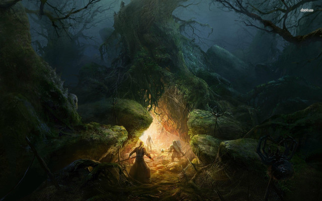 Man forest firepit woman doorway free wallpaper - medium preview image