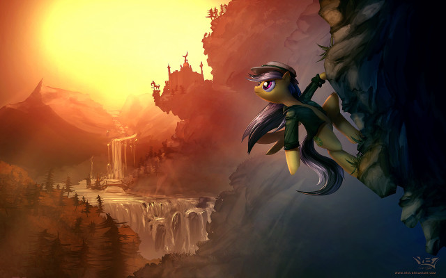 Cartoon pony cliff waterfall sunset free wallpaper - medium preview image