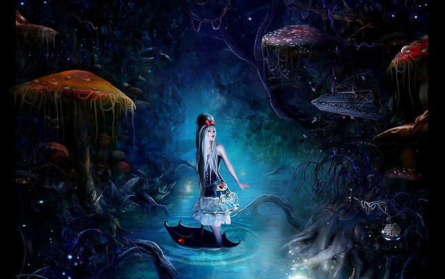 Woman floating pond jellyfish bow free wallpaper - medium preview image