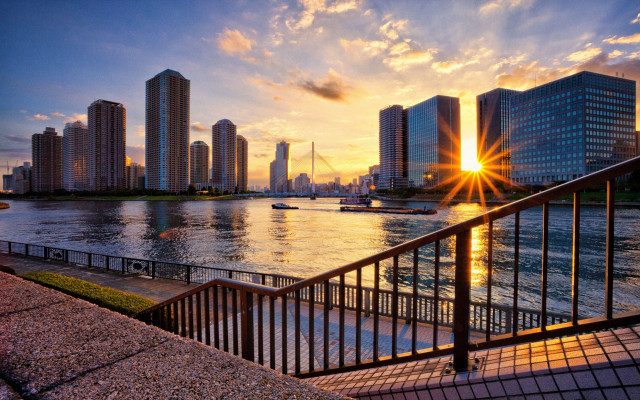 Sunset city river boat view free wallpaper - medium preview image