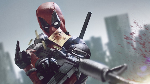 Deadpool gun pointing city background free wallpaper - medium preview image