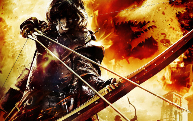 Man holding bow arrow fire free wallpaper - medium preview image