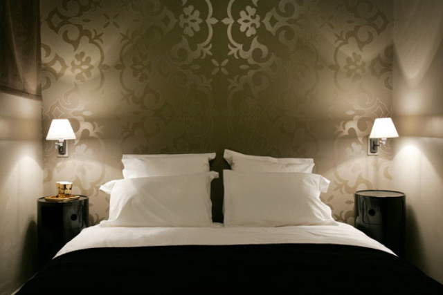 Bed white comforter lamps patterned free wallpaper - medium preview image
