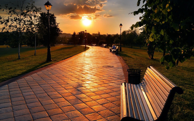Park bench brick walkway sunset free wallpaper - medium preview image