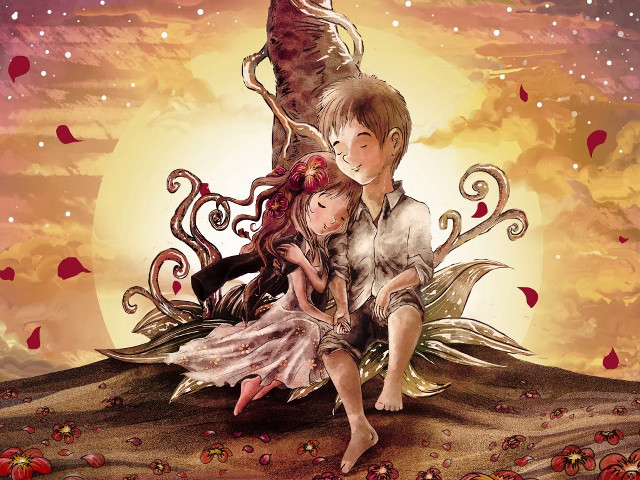 Couple sitting on stump flower free wallpaper for desktop - medium preview image