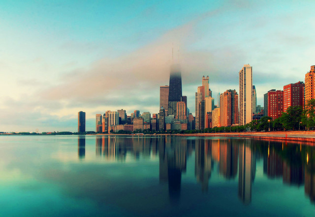 City skyline lake buildings blue free wallpaper - medium preview image