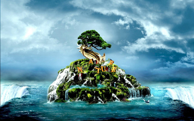 Small island tree waterfall ocean free wallpaper - medium preview image