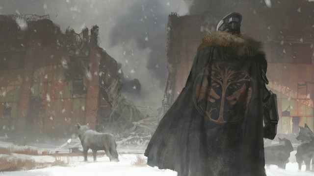 Man cloak wolf snowy city free wallpaper - medium preview image